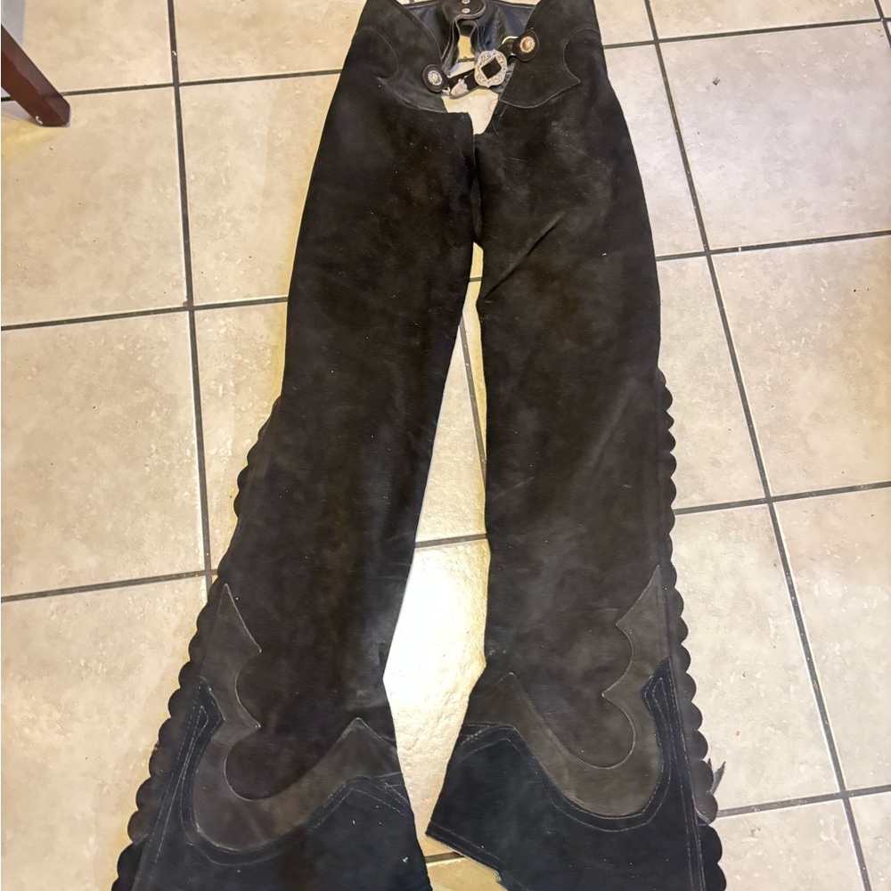 Women's Black Leather Jeans vintage suede fringed riding chaps pants zip